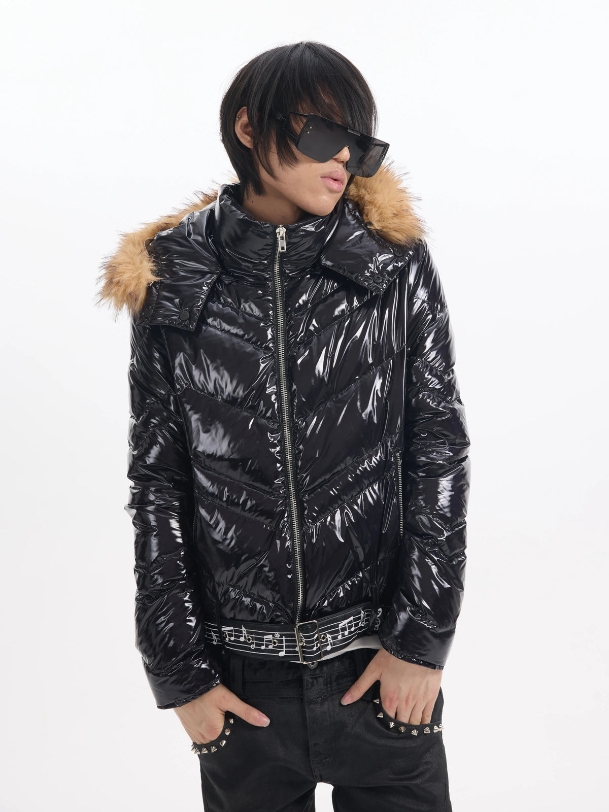 NumbAsia Glossy Fur-Trim Hooded Puffer Jacket - front detail