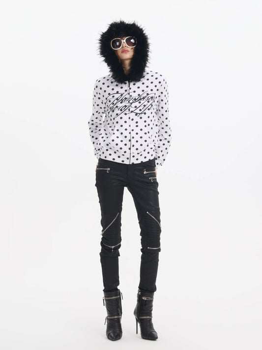Polka Dot Faux Fur Trim Zip-Up Hoodie