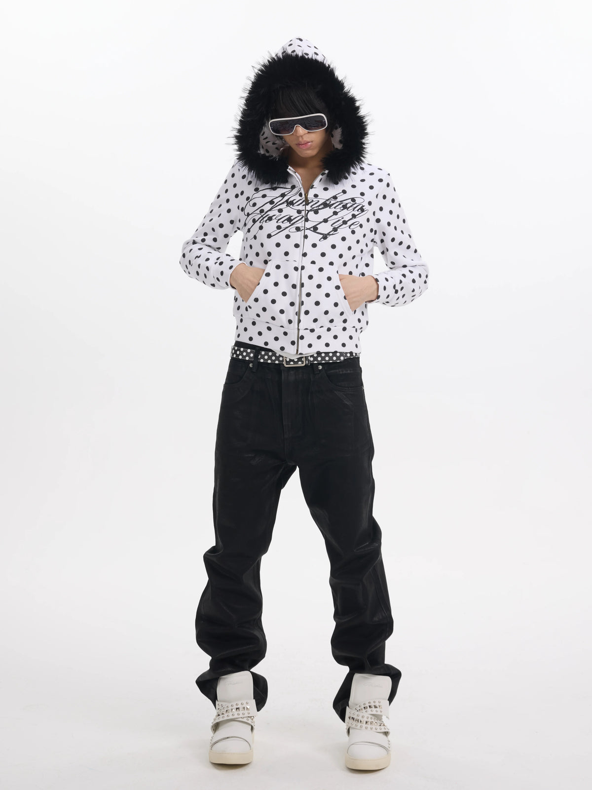 Polka Dot Faux Fur Trim Zip-Up Hoodie - view 3