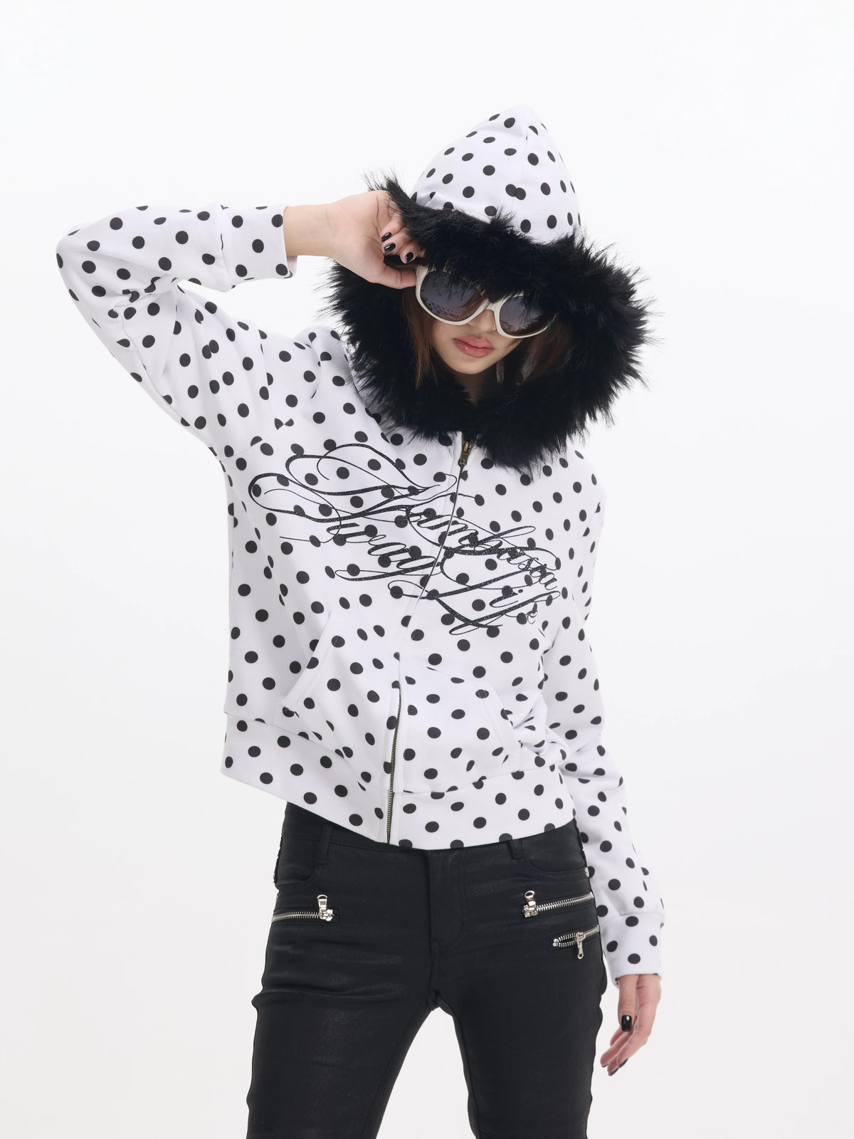 Polka Dot Faux Fur Trim Zip-Up Hoodie - view 4