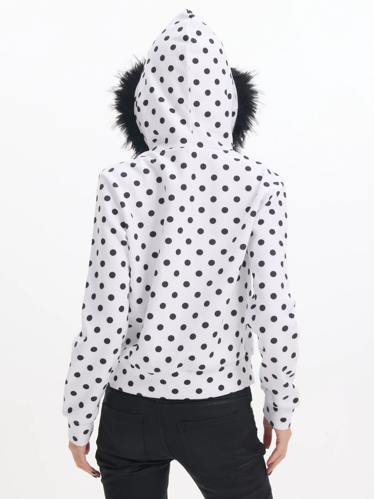 Polka Dot Faux Fur Trim Zip-Up Hoodie - view 5