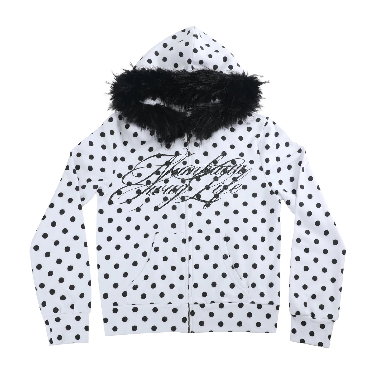 Polka Dot Faux Fur Trim Zip-Up Hoodie - view 6