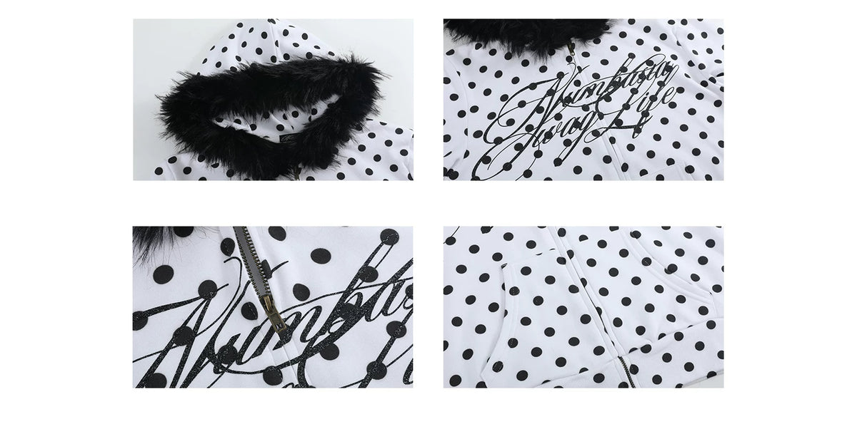 Polka Dot Faux Fur Trim Zip-Up Hoodie - view 7