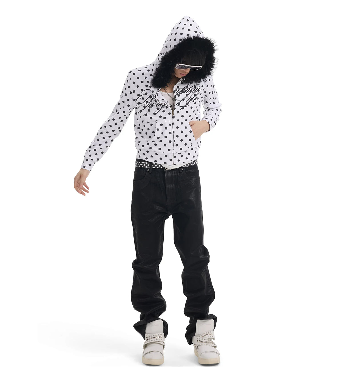 Polka Dot Faux Fur Trim Zip-Up Hoodie - view 8