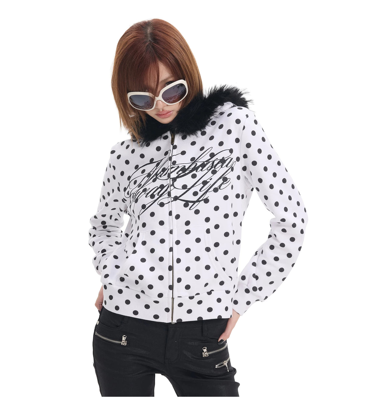 Polka Dot Faux Fur Trim Zip-Up Hoodie - view 9
