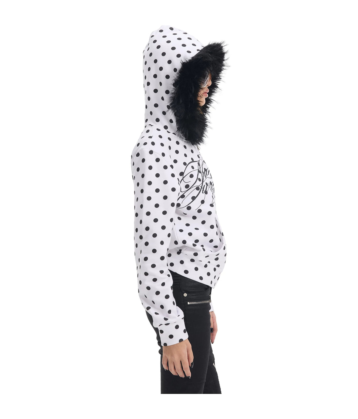 Polka Dot Faux Fur Trim Zip-Up Hoodie - view 11