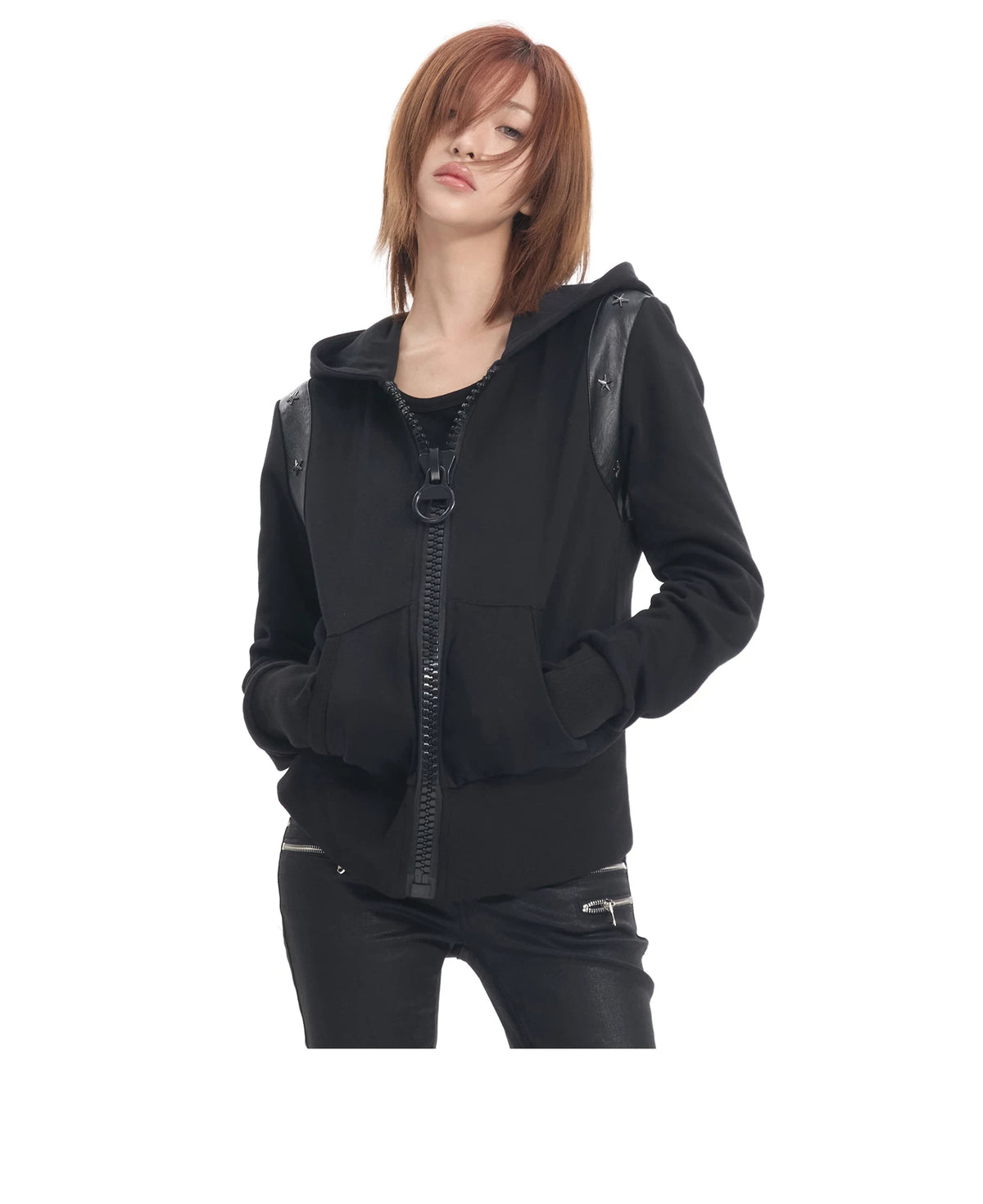 NumbAsia Studded Jumbo-Zip Paneled Hoodie - black hoodie front on second model