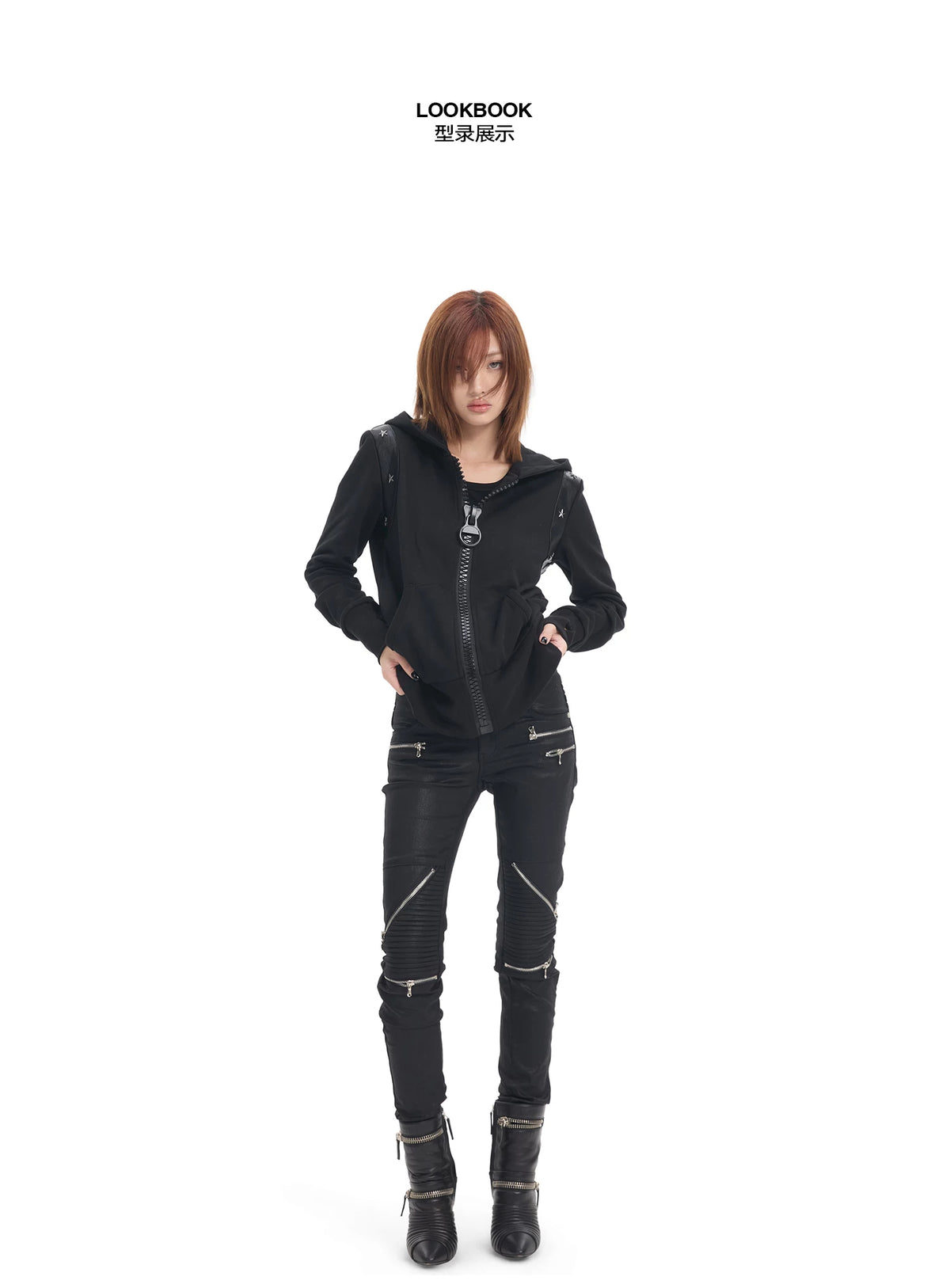 NumbAsia Studded Jumbo-Zip Paneled Hoodie - black hoodie styled front