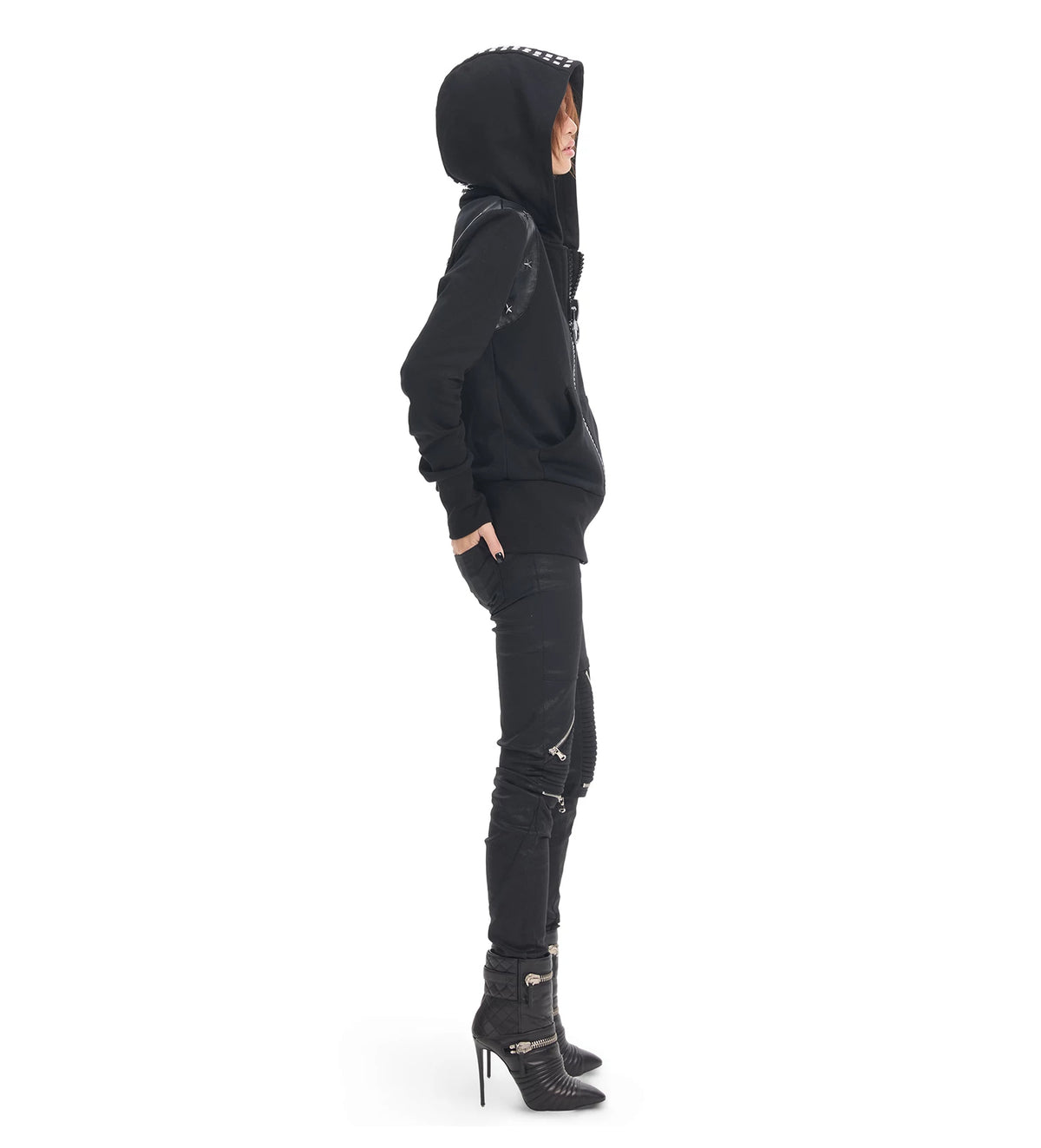 NumbAsia Studded Jumbo-Zip Paneled Hoodie - black hoodie side view