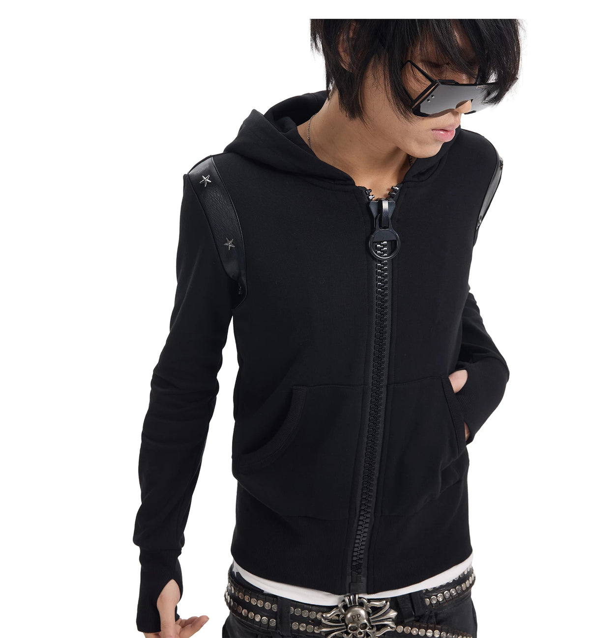 NumbAsia Studded Jumbo-Zip Paneled Hoodie - jumbo zipper and shoulder panel close-up