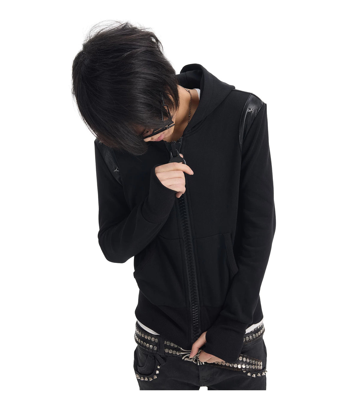 NumbAsia Studded Jumbo-Zip Paneled Hoodie - hoodie zipper front view