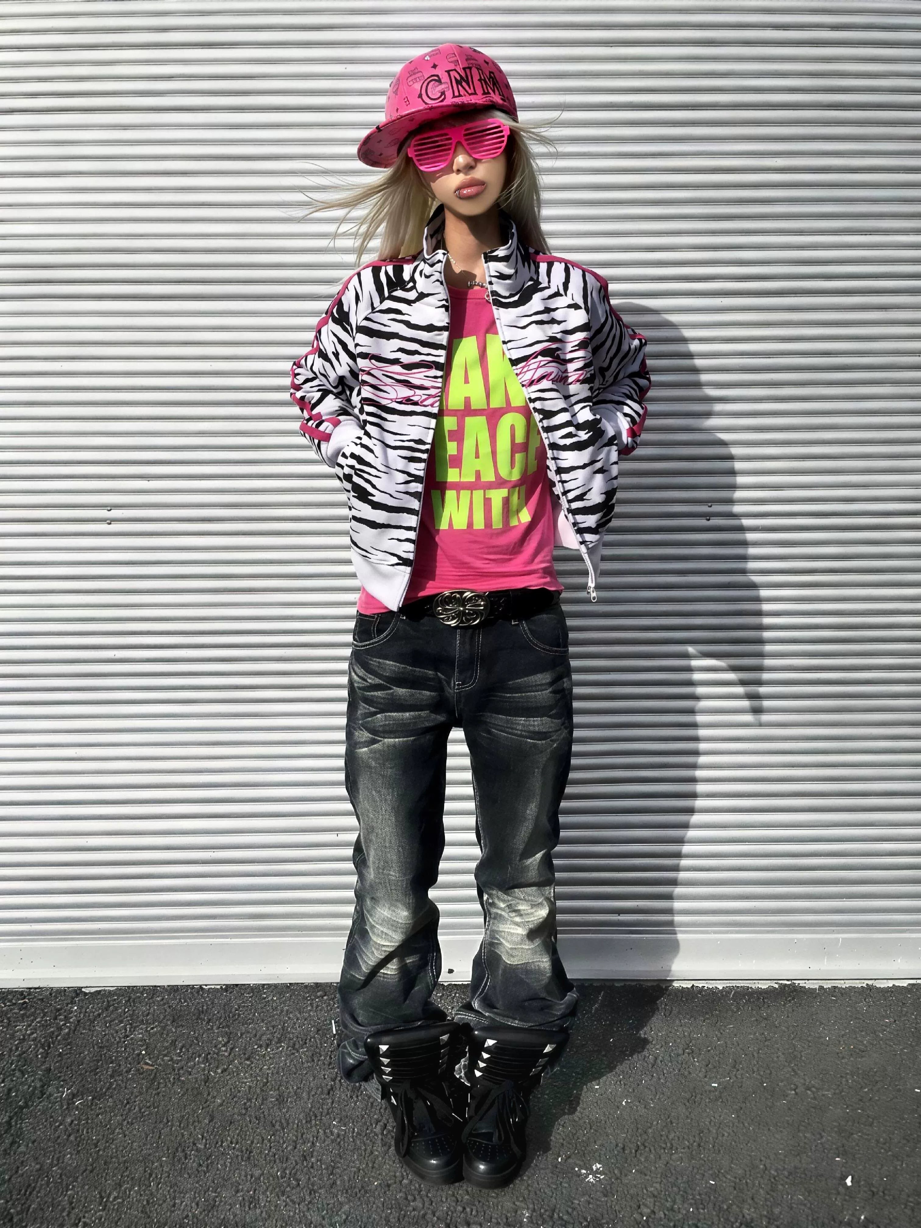 Zebra Print Script Logo Cropped Track Jacket - White Zebra front outfit