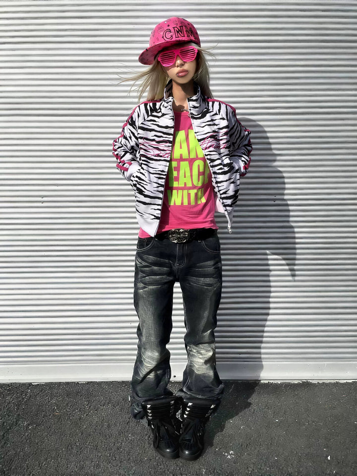 Zebra Print Script Logo Cropped Track Jacket - White Zebra front outfit