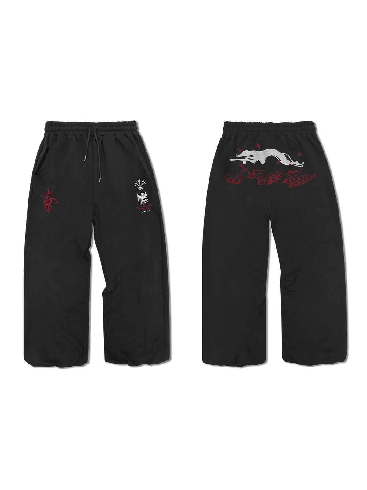 WANNA LAB Greyhound Flame Embroidered Cuffed Wide Sweatpants - Black front and back