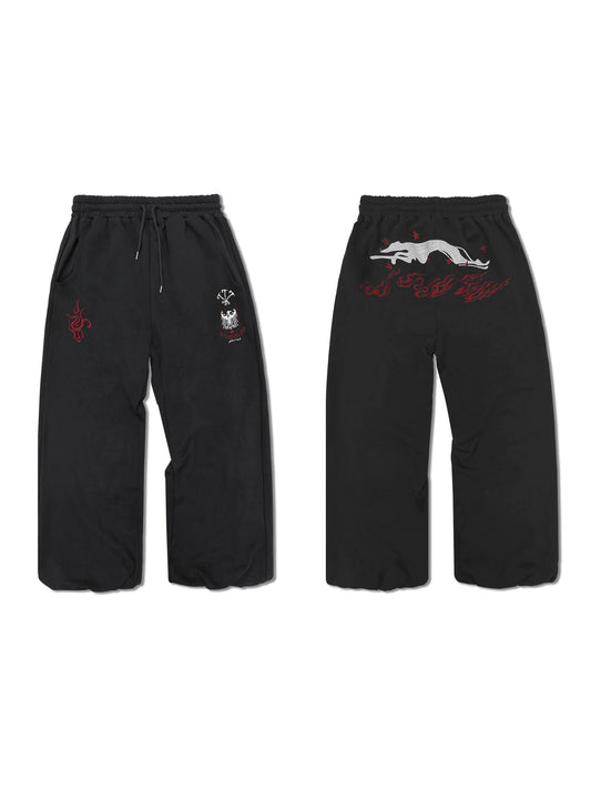 WANNA LAB Greyhound Flame Embroidered Cuffed Wide Sweatpants - Black front and back