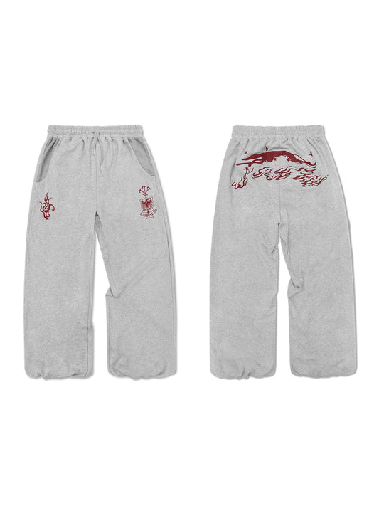 WANNA LAB Greyhound Flame Embroidered Cuffed Wide Sweatpants - Gray front and back
