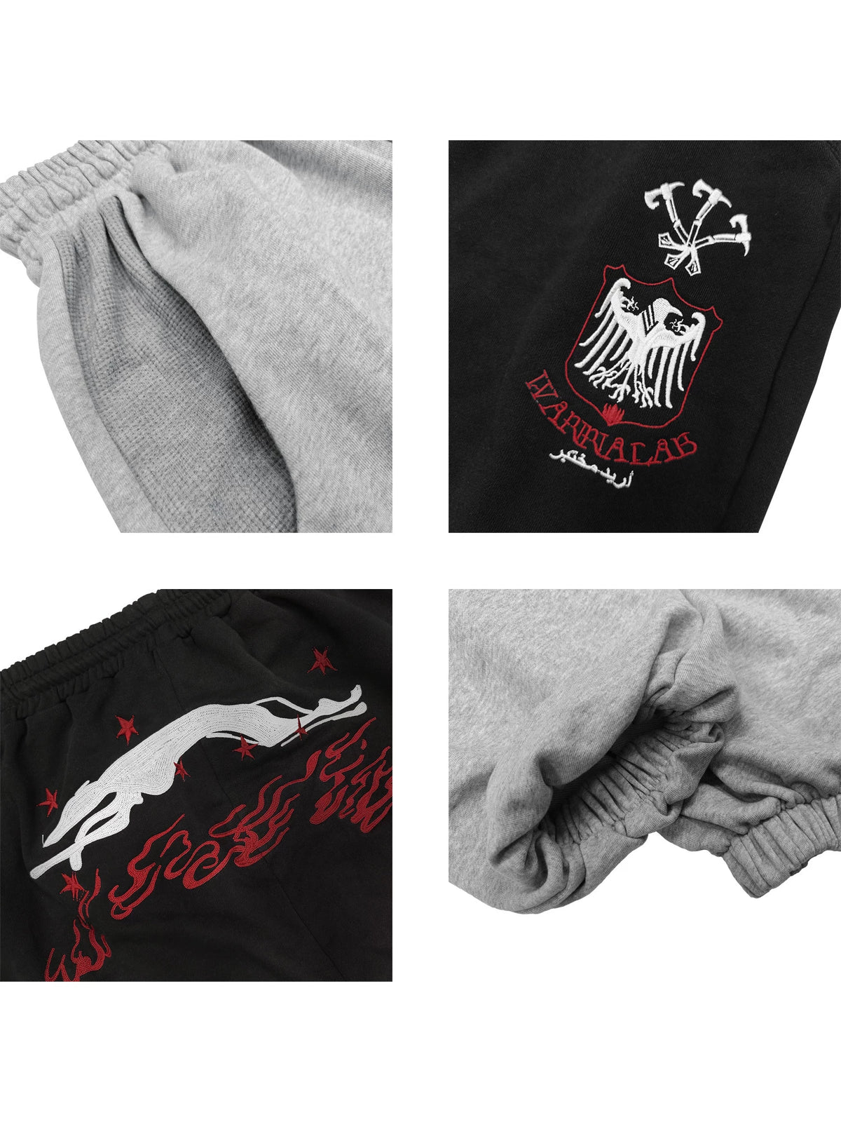 WANNA LAB Greyhound Flame Embroidered Cuffed Wide Sweatpants - Black & Gray detail - waffle pocket, crest embroidery, back greyhound embroidery, elastic cuff