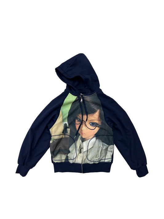 Doll Face Graffiti Print Cropped Zip Hoodie - Navy front