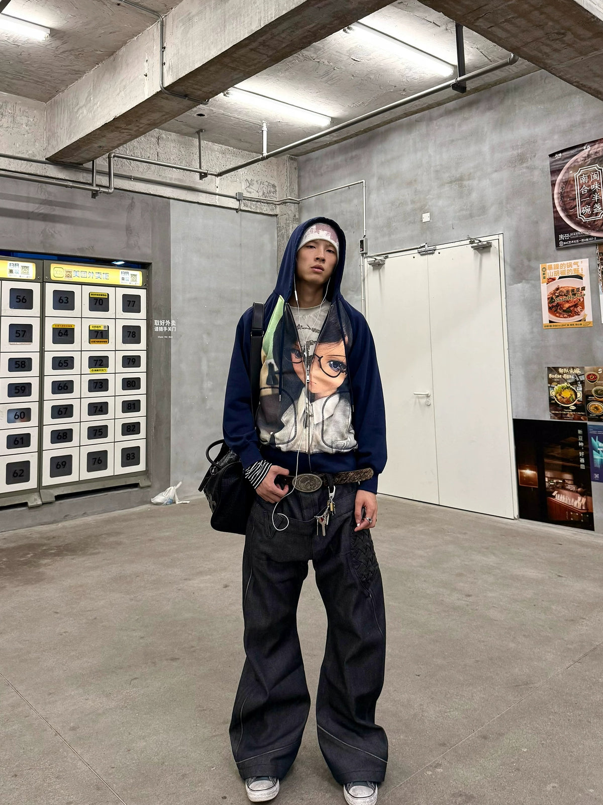 Doll Face Graffiti Print Cropped Zip Hoodie - Worn full-length look