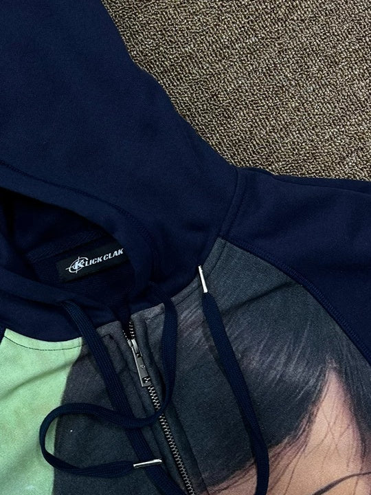 Doll Face Graffiti Print Cropped Zip Hoodie - Hood, drawstrings and zip detail
