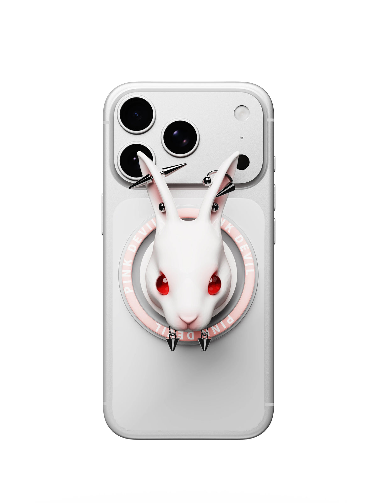 PINKDEVIL 3D-Printed Angry Rabbit Magnetic Phone Grip - front view on phone; phone not included