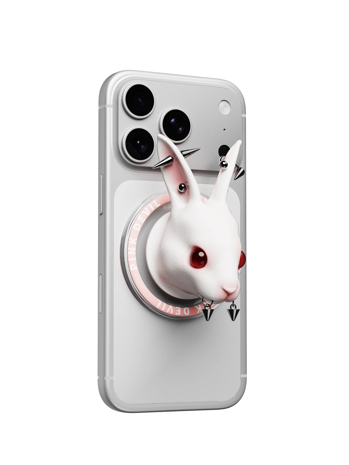 PINKDEVIL 3D-Printed Angry Rabbit Magnetic Phone Grip - alternate angle on phone; phone not included