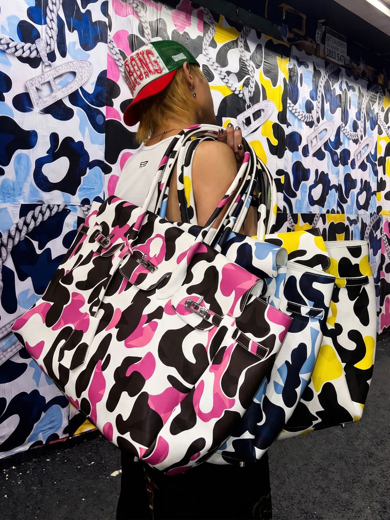 Camo Print Oversized Turn-Lock Tote Bag