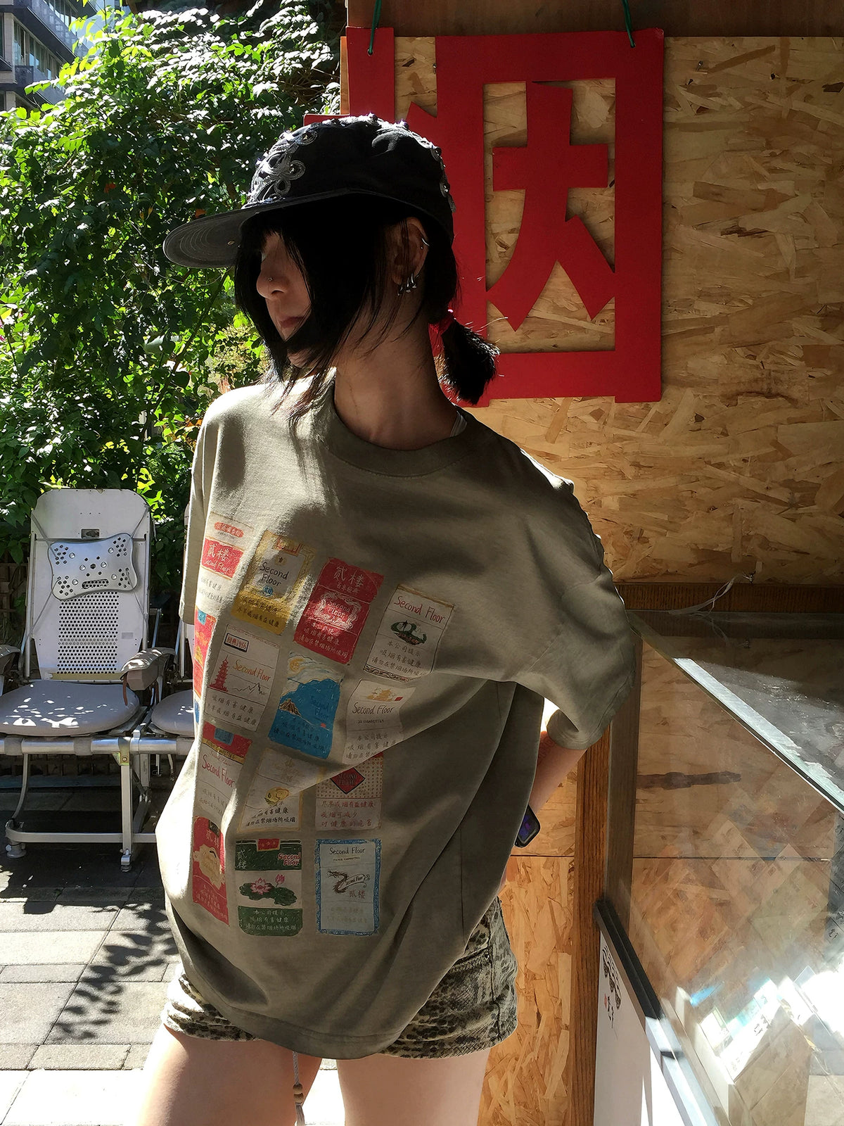 Vintage Label Print Heavyweight Oversized T-Shirt - Washed Brown side view
