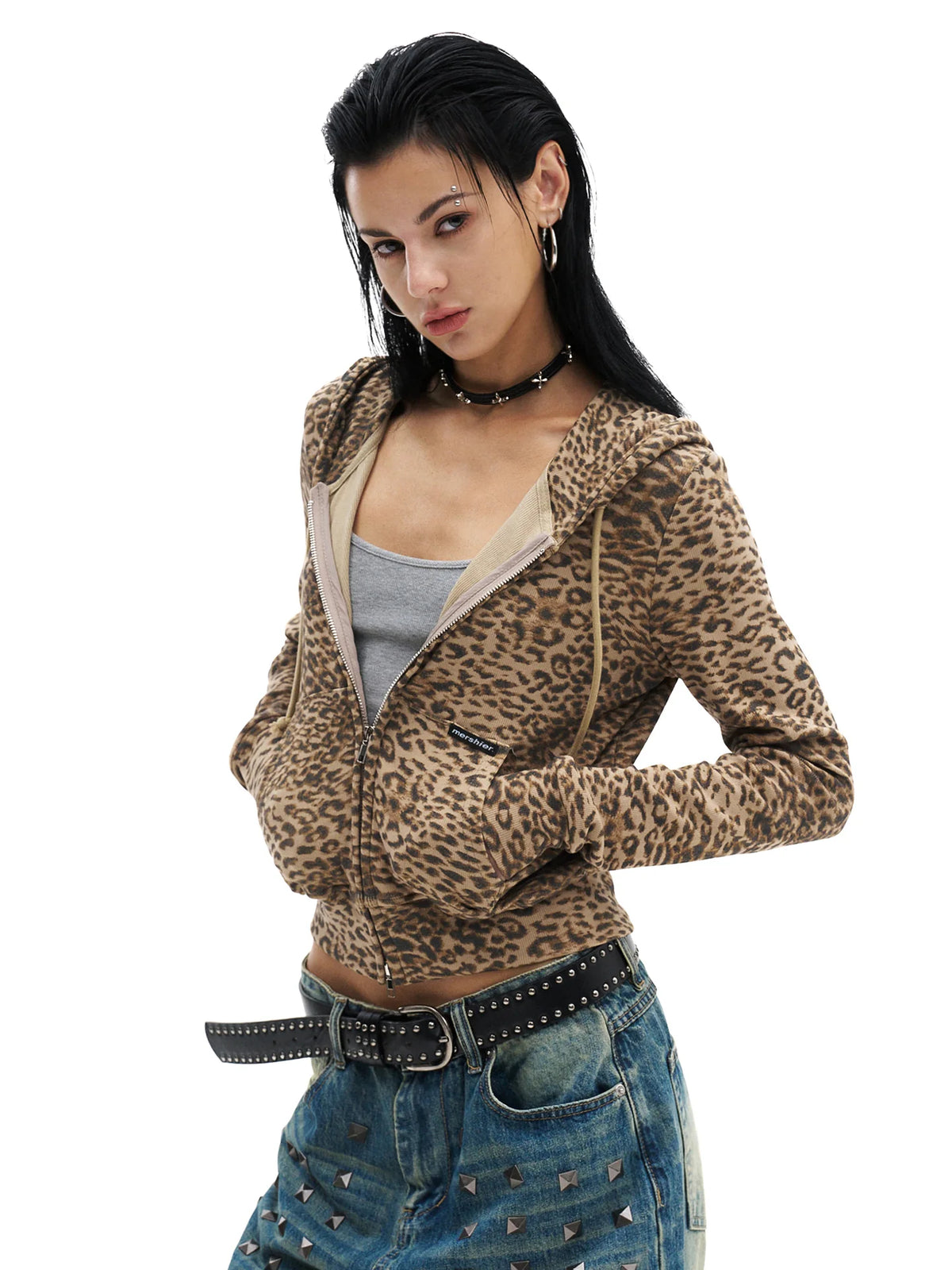 0123Start Leopard Drawstring Slim Cropped Zip-Up Hoodie - Brown Leopard front