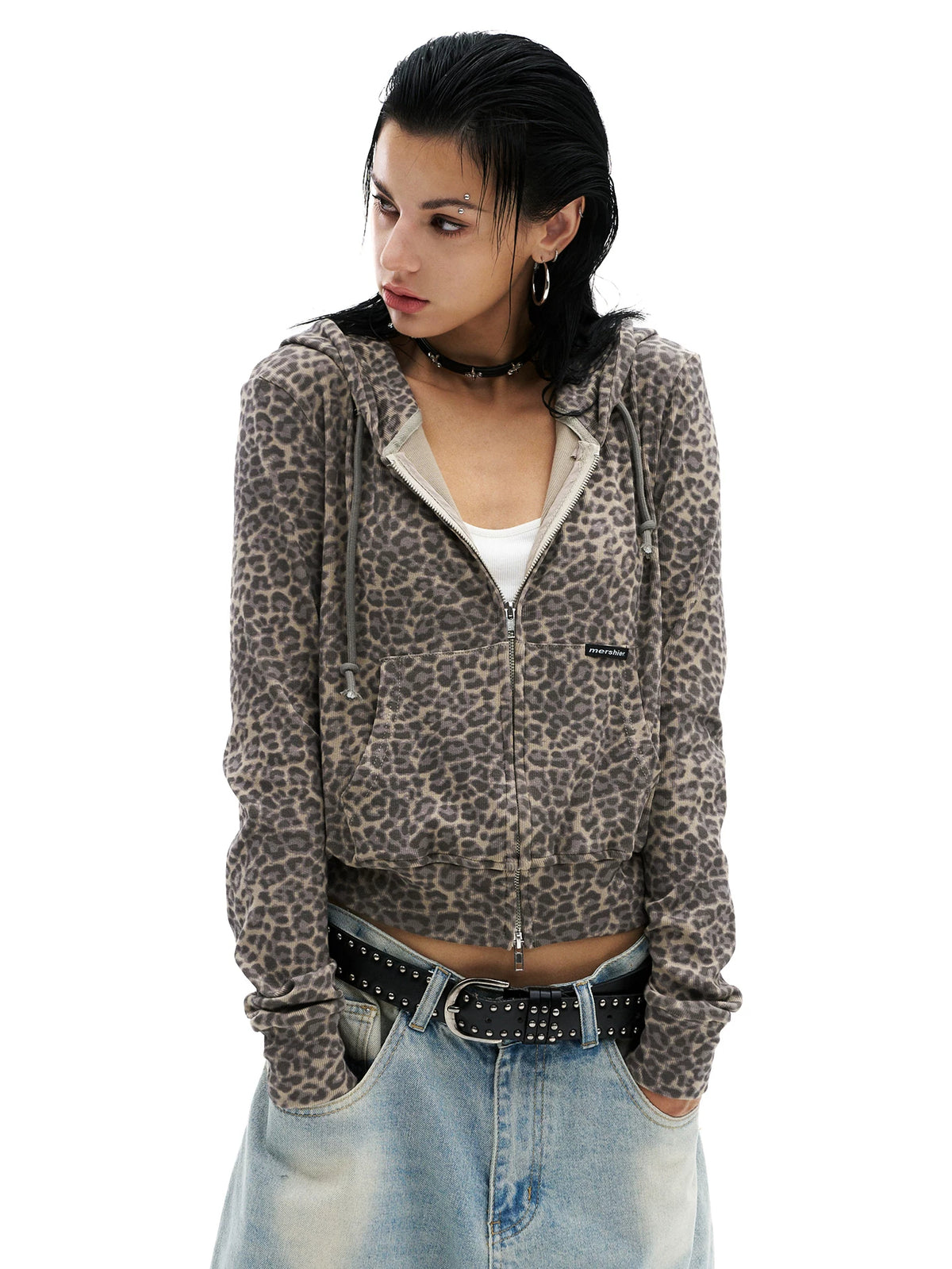 0123Start Leopard Drawstring Slim Cropped Zip-Up Hoodie - Khaki Leopard front