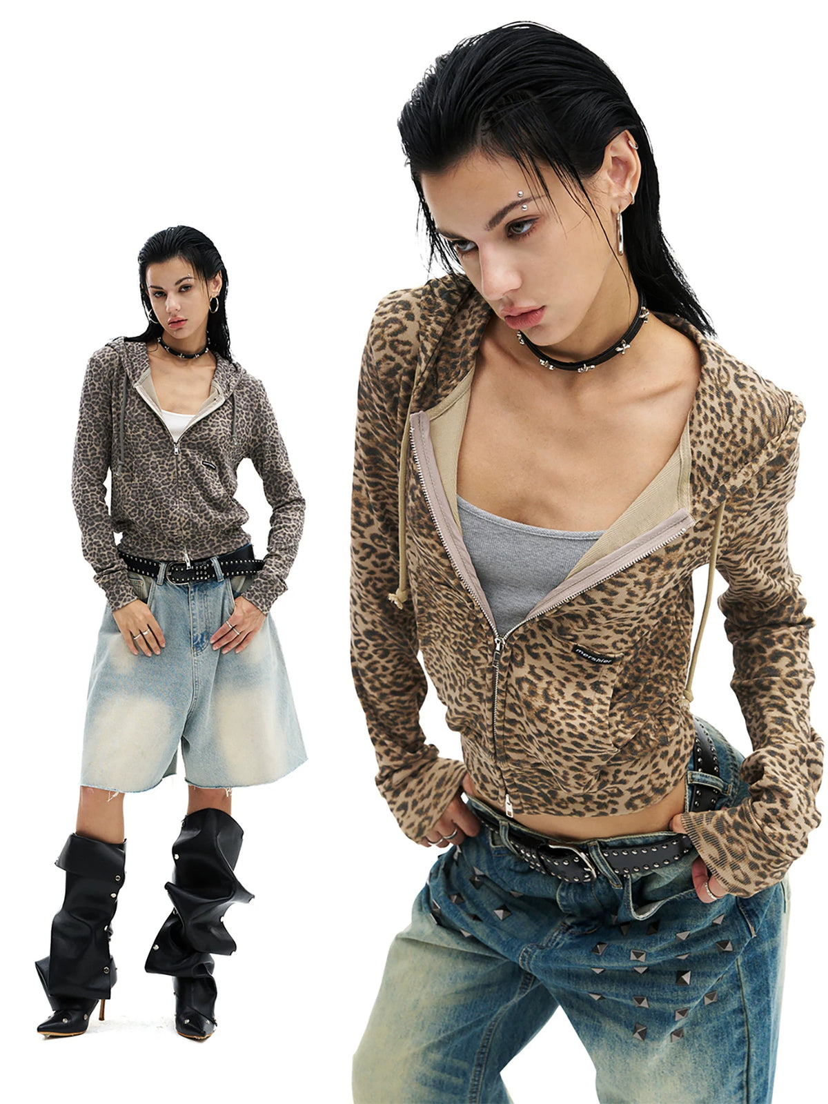 0123Start Leopard Drawstring Slim Cropped Zip-Up Hoodie - Brown and Khaki Leopard full look