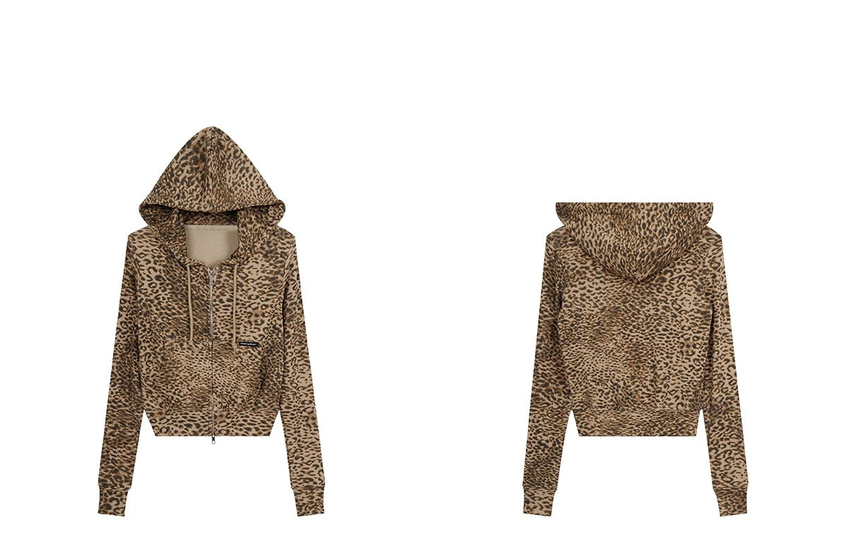0123Start Leopard Drawstring Slim Cropped Zip-Up Hoodie - Brown Leopard flat lay front and back