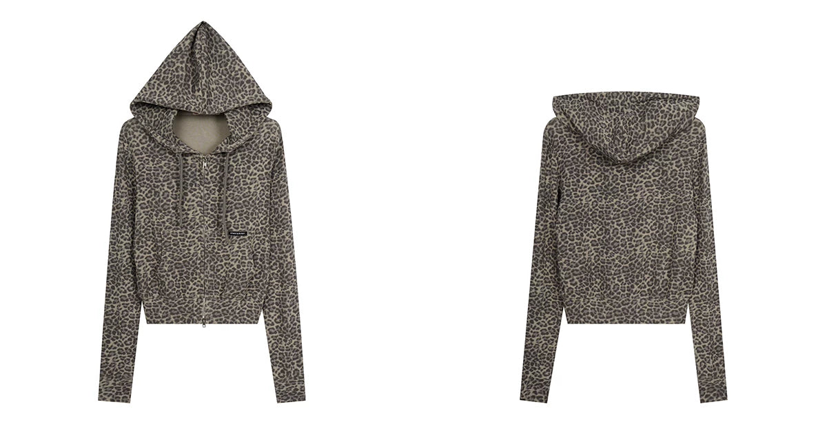 0123Start Leopard Drawstring Slim Cropped Zip-Up Hoodie - Khaki Leopard flat lay front and back