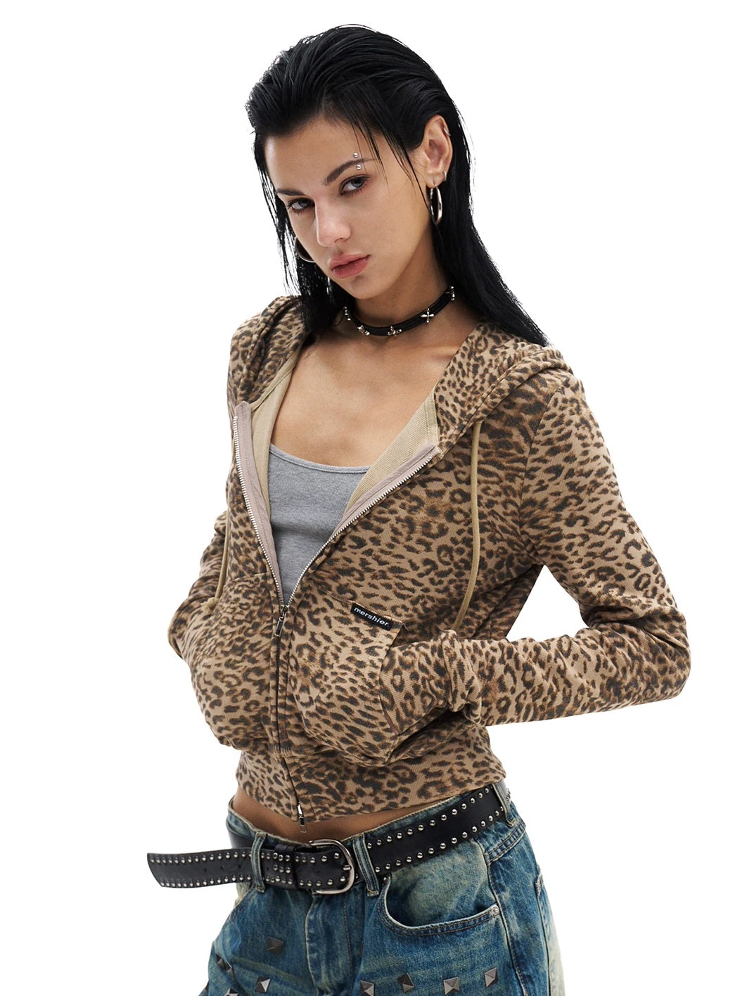 0123Start Leopard Drawstring Slim Cropped Zip-Up Hoodie - Brown Leopard hand in pocket