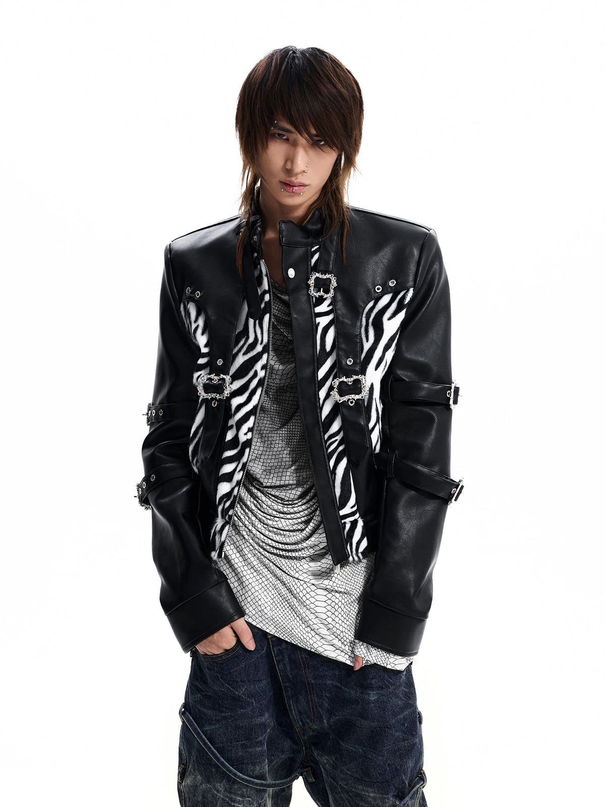Zebra Faux Fur Panel Buckle Faux Leather Jacket