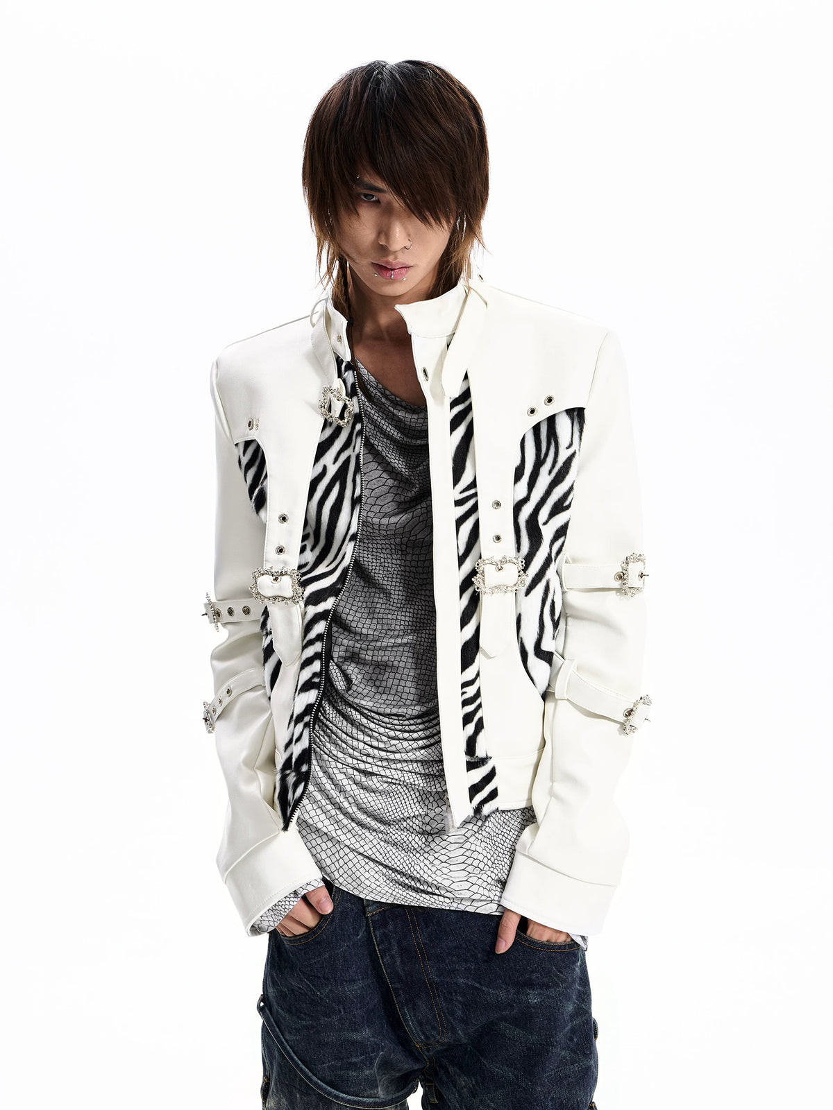 Zebra Faux Fur Panel Buckle Faux Leather Jacket - view 2