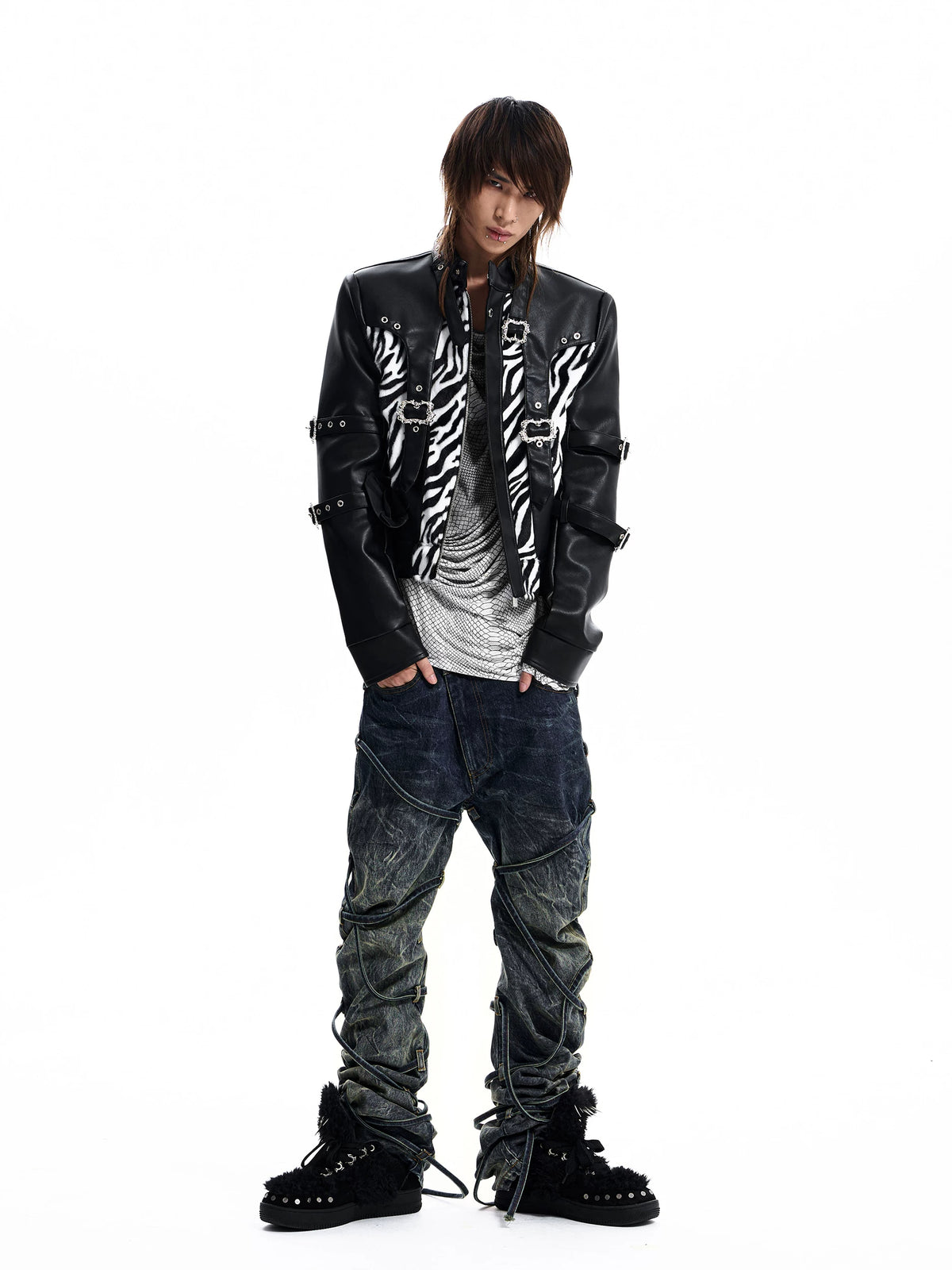 Zebra Faux Fur Panel Buckle Faux Leather Jacket - view 3