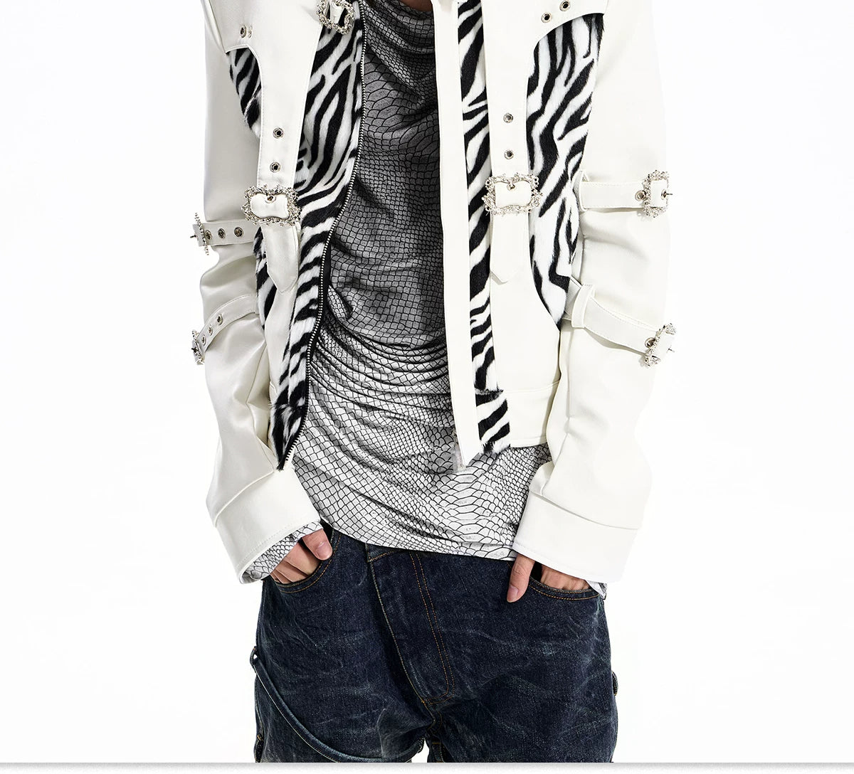 Zebra Faux Fur Panel Buckle Faux Leather Jacket - view 6