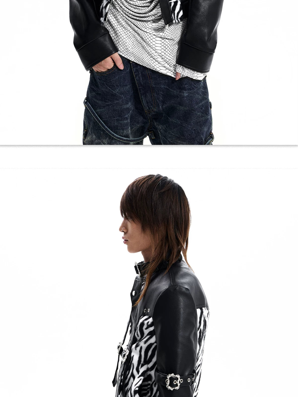Zebra Faux Fur Panel Buckle Faux Leather Jacket - view 7