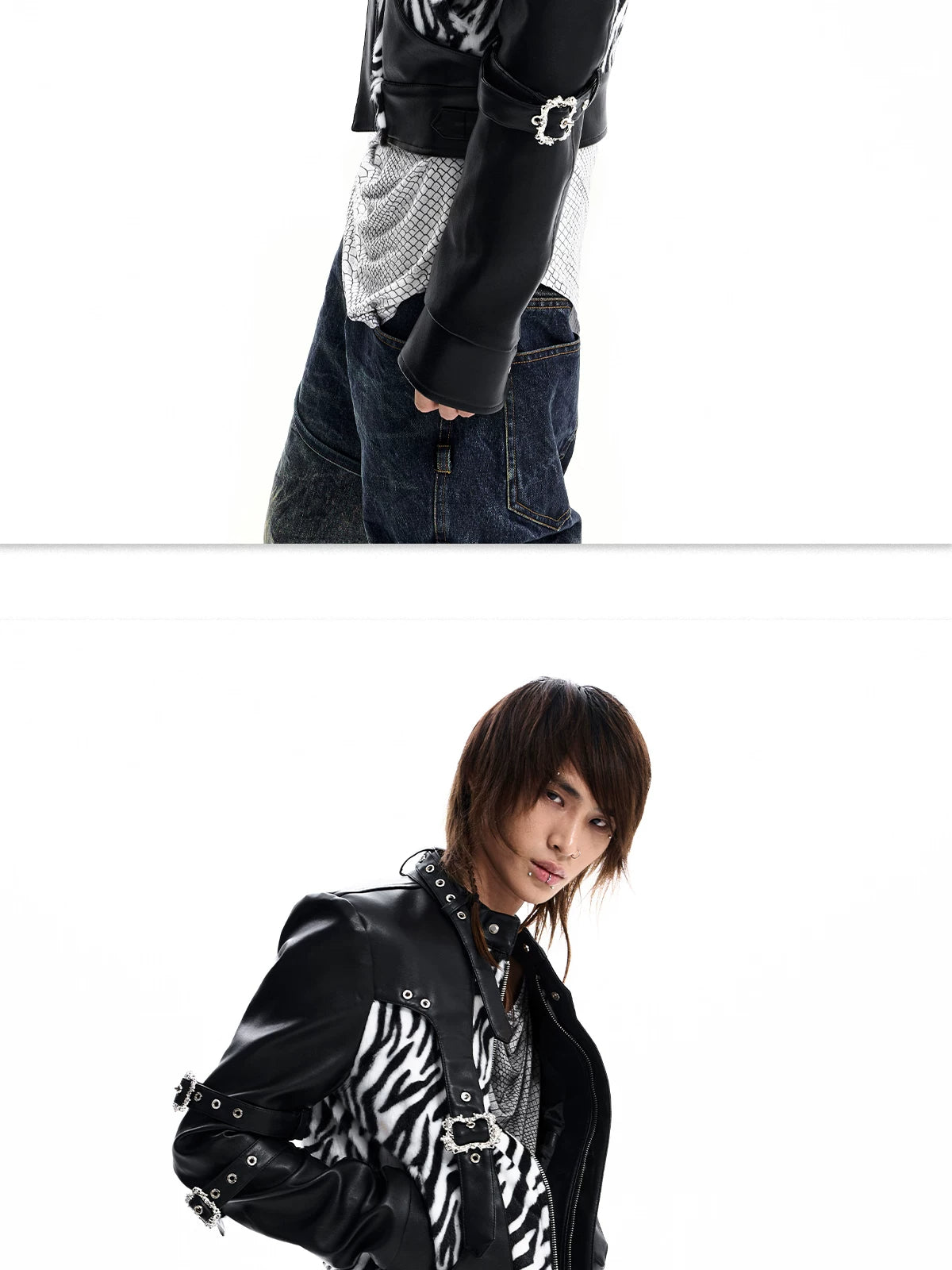 Zebra Faux Fur Panel Buckle Faux Leather Jacket - view 8