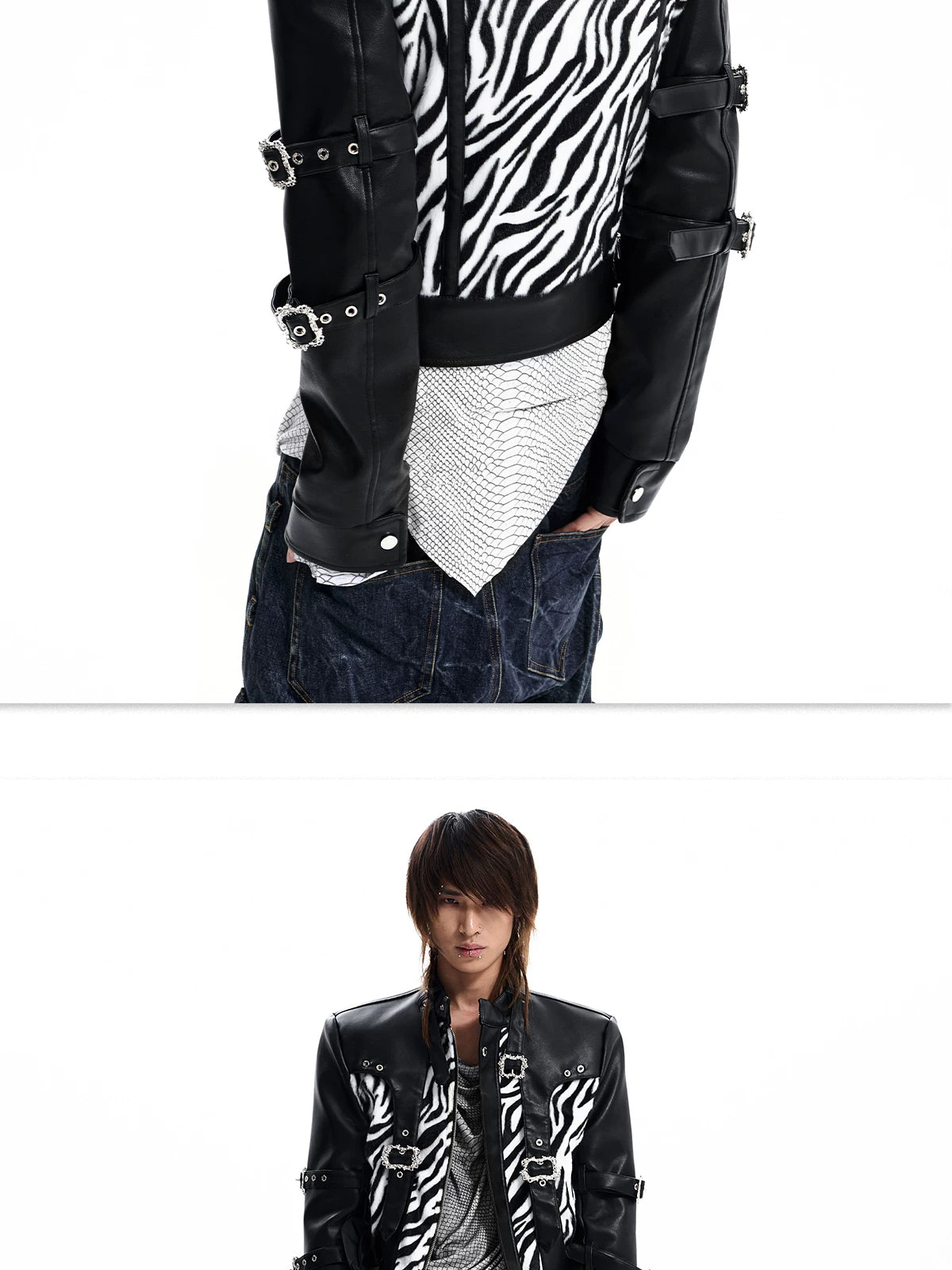 Zebra Faux Fur Panel Buckle Faux Leather Jacket - view 10