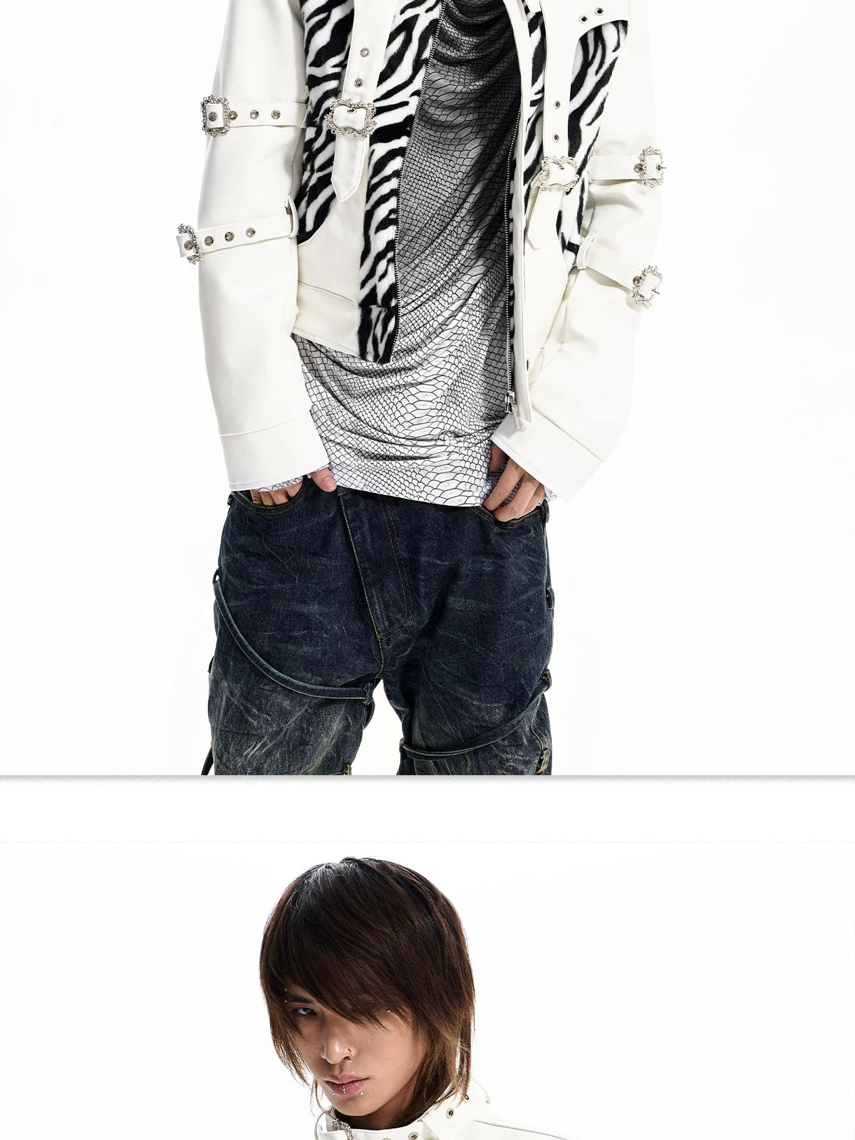 Zebra Faux Fur Panel Buckle Faux Leather Jacket - view 12