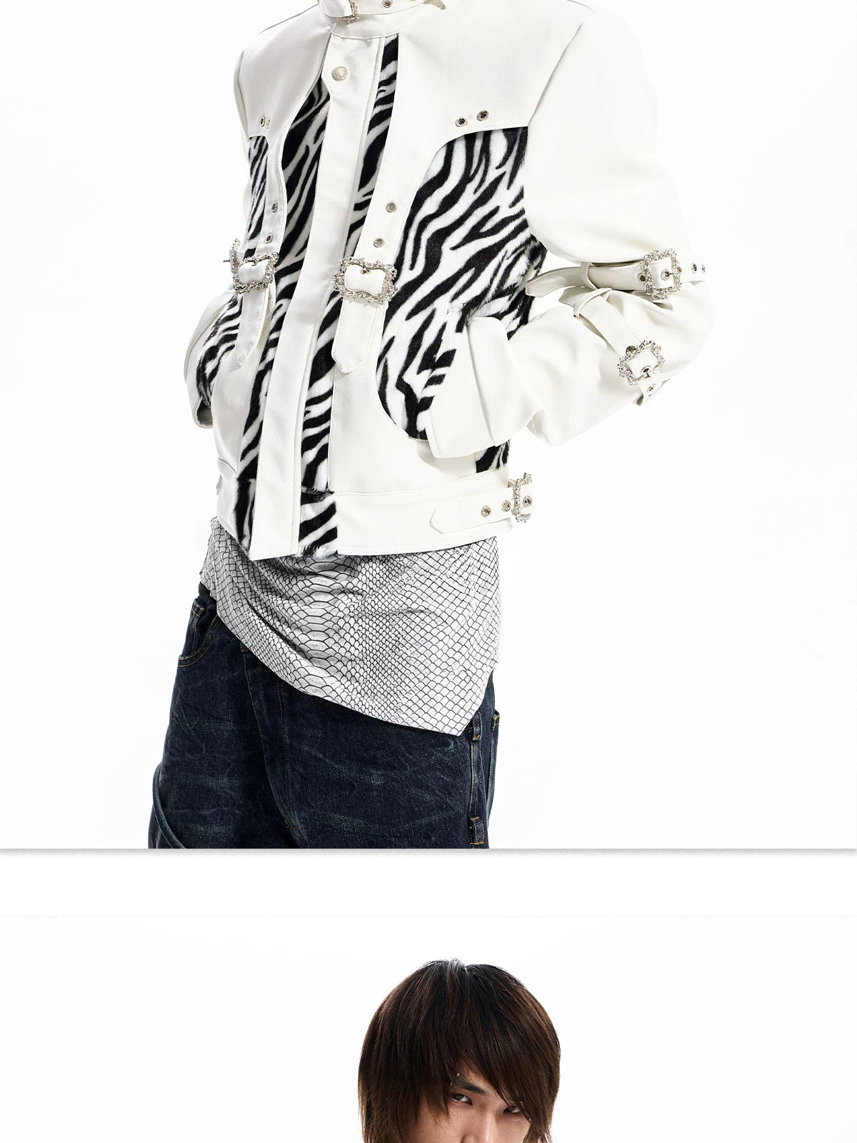 Zebra Faux Fur Panel Buckle Faux Leather Jacket - view 13