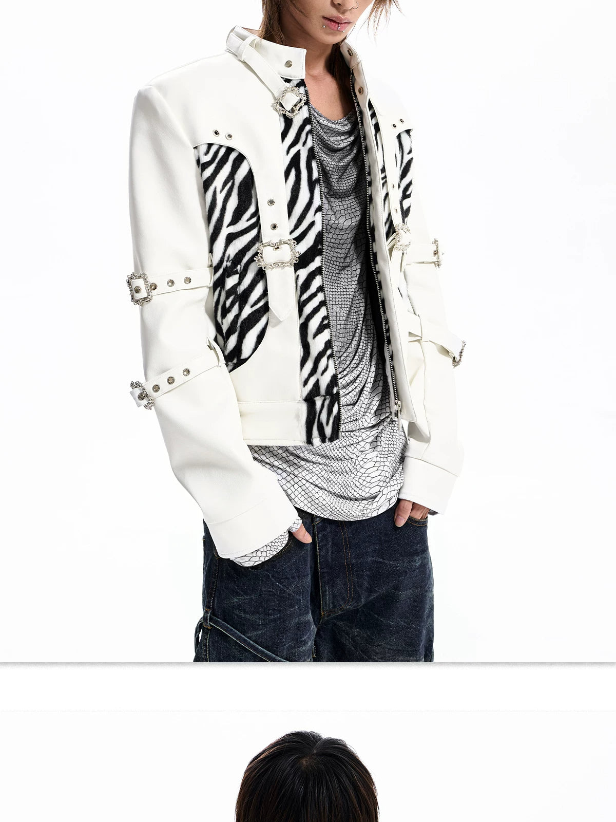 Zebra Faux Fur Panel Buckle Faux Leather Jacket - view 14