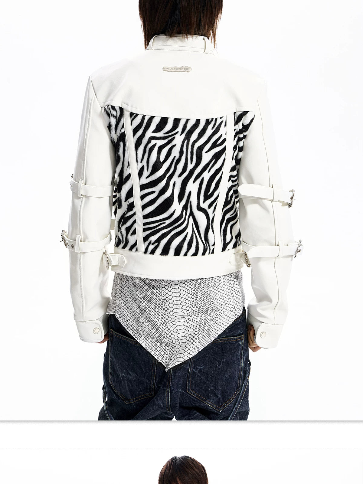 Zebra Faux Fur Panel Buckle Faux Leather Jacket - view 15
