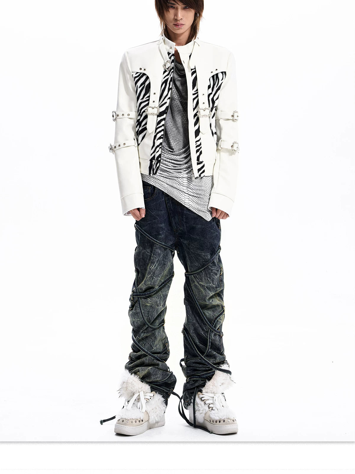 Zebra Faux Fur Panel Buckle Faux Leather Jacket - view 16