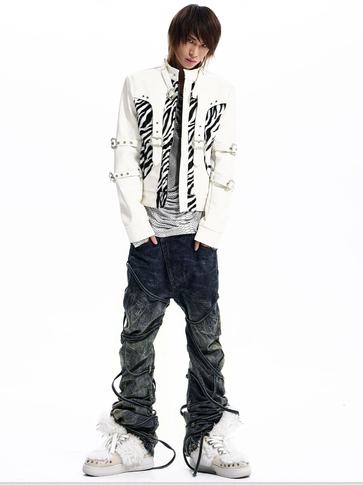 Zebra Faux Fur Panel Buckle Faux Leather Jacket - view 17