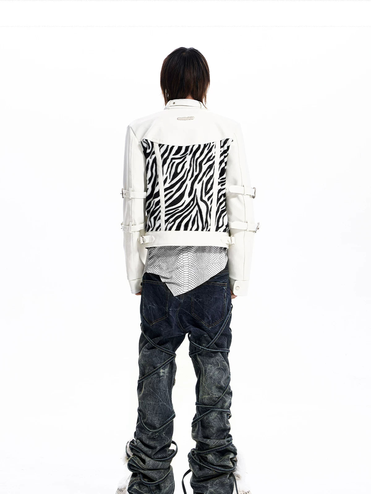 Zebra Faux Fur Panel Buckle Faux Leather Jacket - view 18