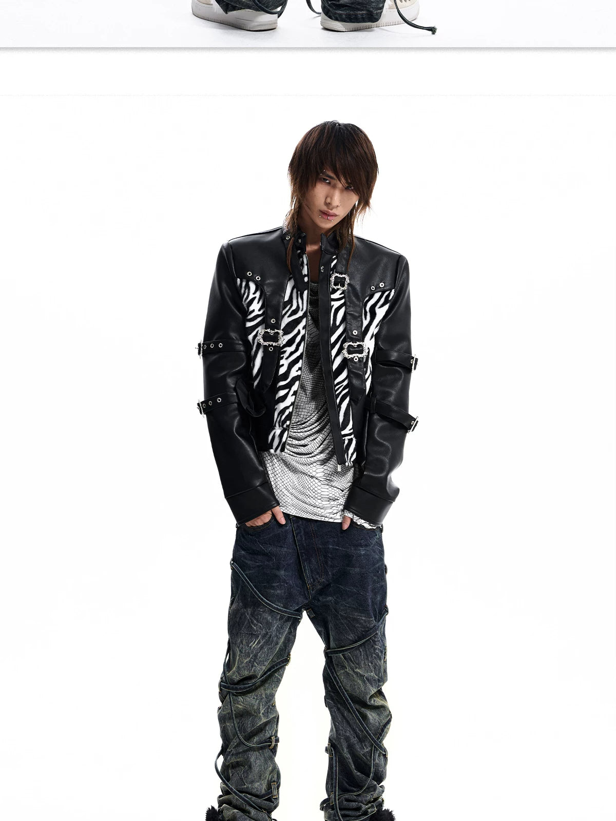 Zebra Faux Fur Panel Buckle Faux Leather Jacket - view 19