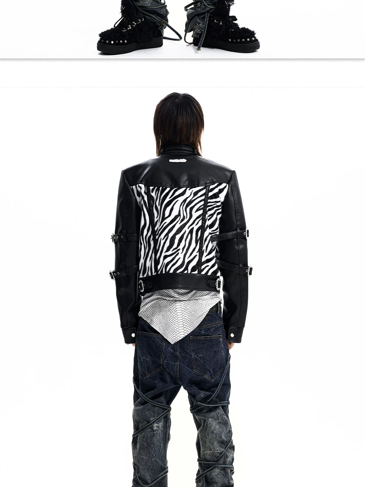 Zebra Faux Fur Panel Buckle Faux Leather Jacket - view 20